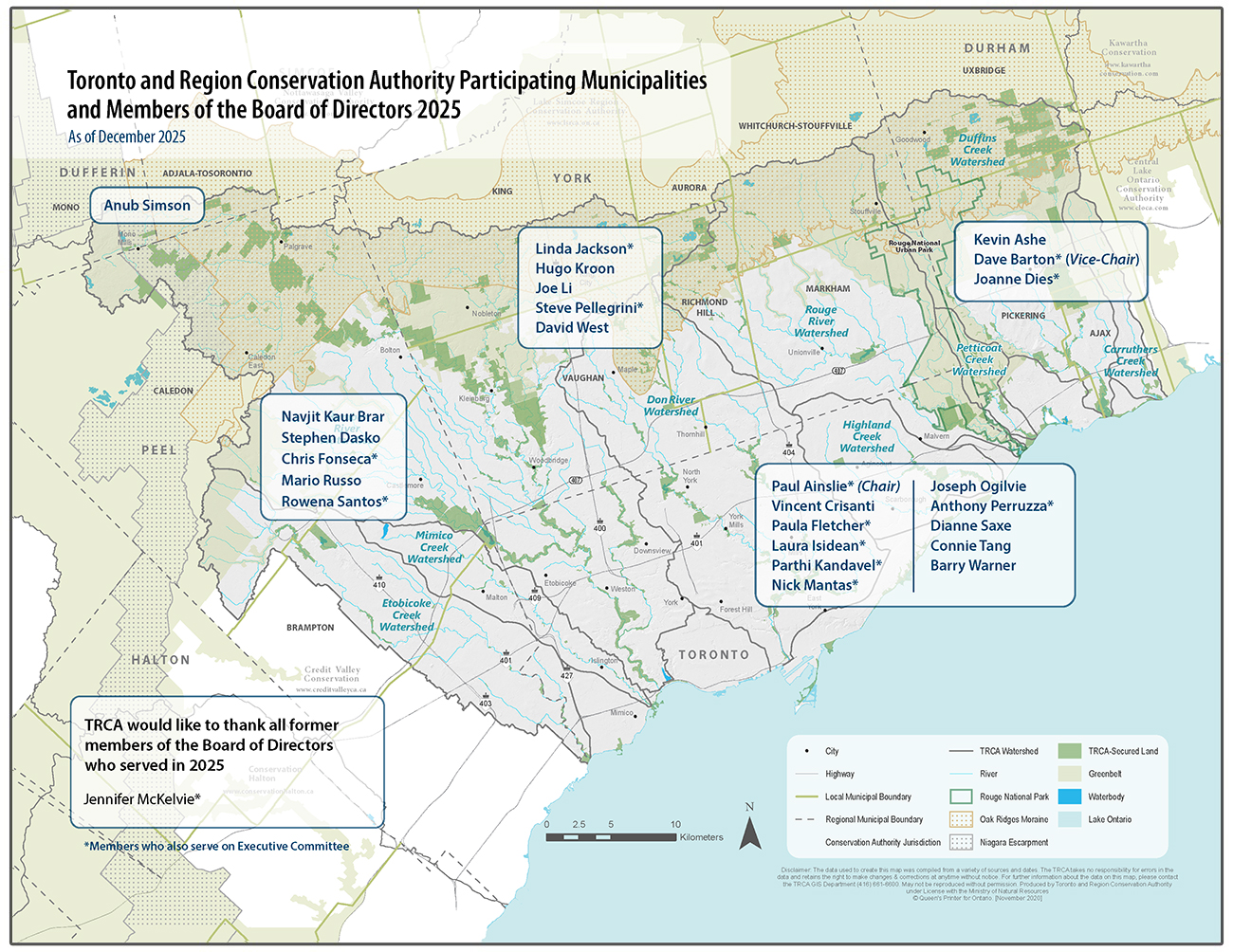 a map of the TRCA jurisdiction with Board members listed by regional municipality
