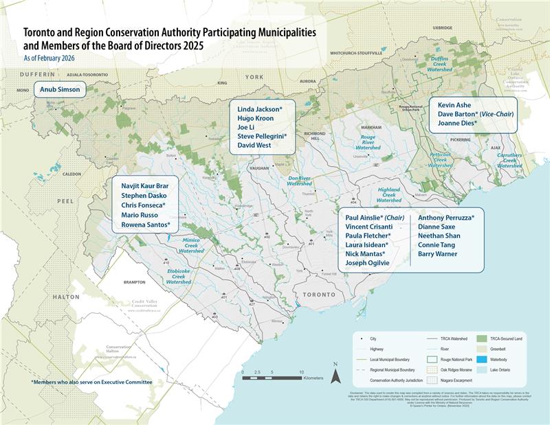 map of the TRCA jurisdiction displaying the names of the current Board of Directors members