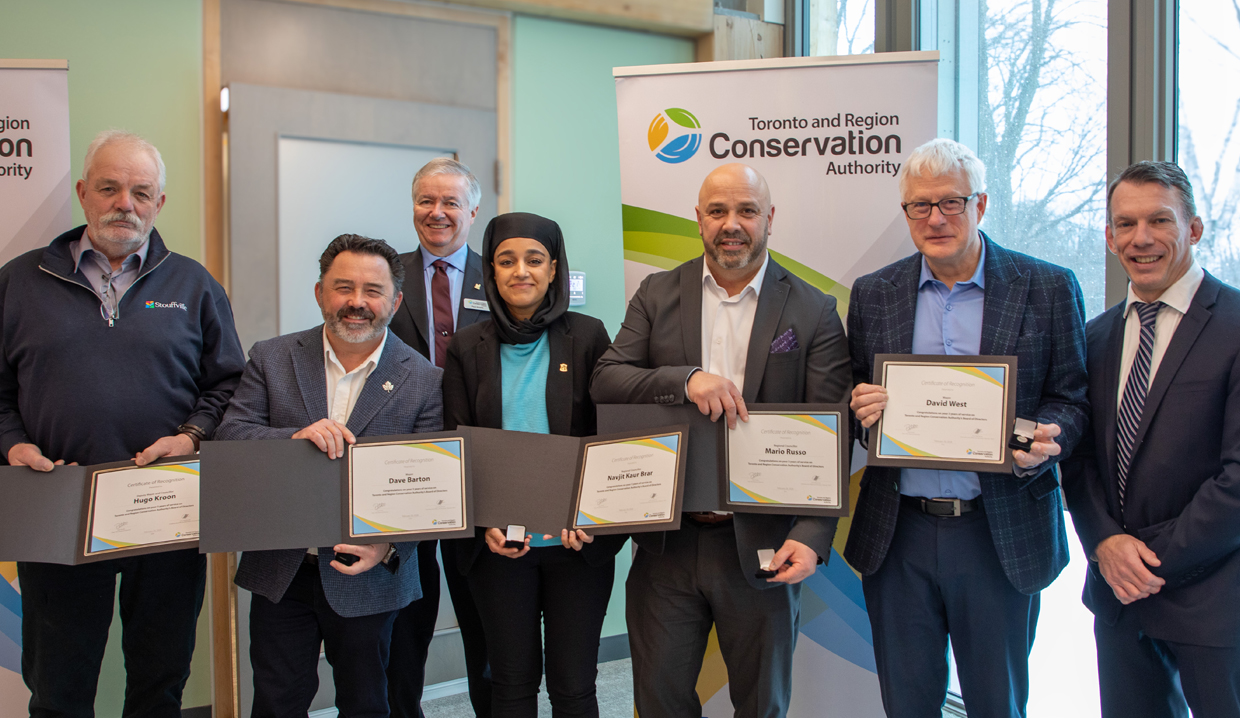 TRCA Chair - Vice Chair - CEO and the service award receipients pose for a group portrait at the 2026 Annual General Meeting