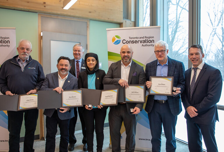 L to R: Deputy Mayor and Councillor Hugo Kroon; Mayor of Uxbridge Dave Barton; Deputy Mayor and Councillor Paul Ainslie; Regional Councillor Navjit Kaur Brar; Regional Councillor Mario Russo; Mayor David West; TRCA Chief Executive Officer John MacKenzie at the Annual General Meeting in 2026