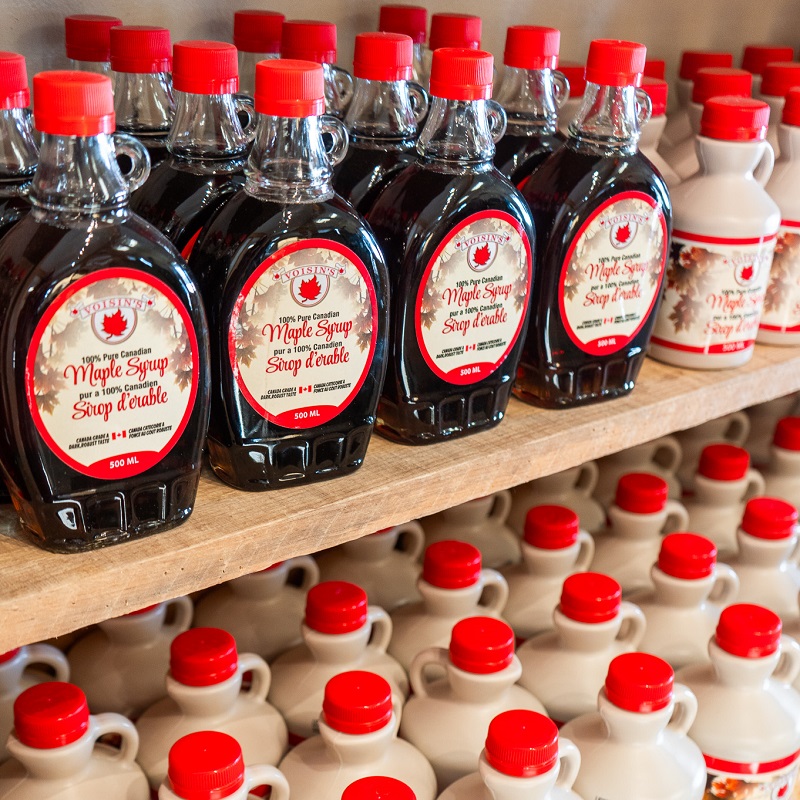 a display of maple syrup products at the gift shop at Kortright Centre for Conservation