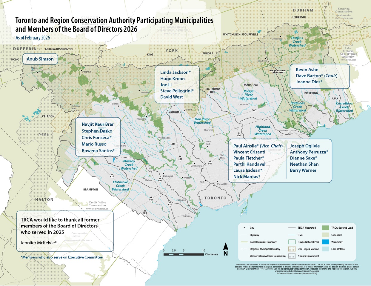 map of the TRCA jurisdiction displaying the names of the current Board of Directors members