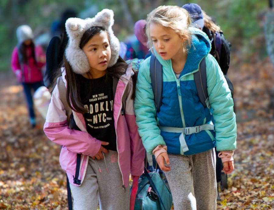 students in The Nature School at Bruces Mill explore a forest trail