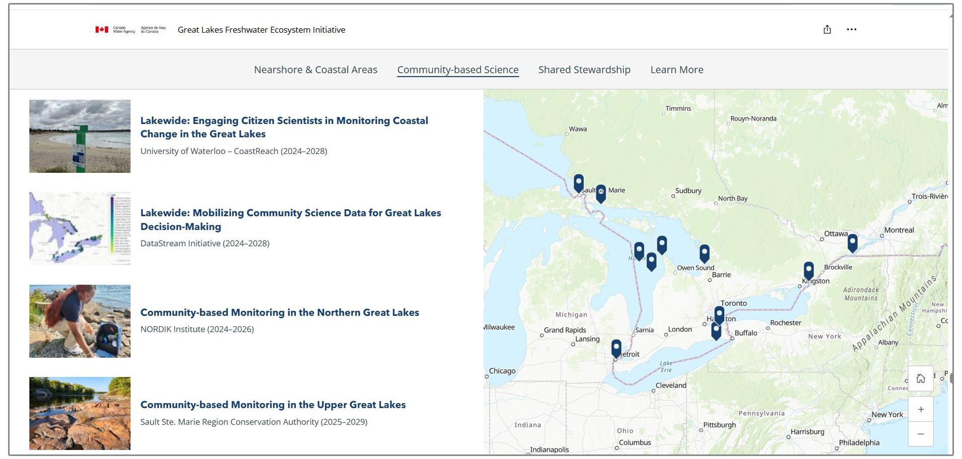 a screenshot of the Great Lakes Freshwater Ecosystem Initiative story map