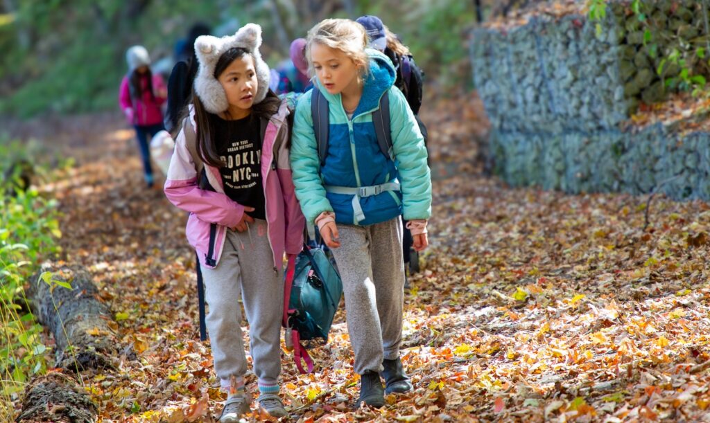 students in The Nature School at Bruces Mill explore a forest trail