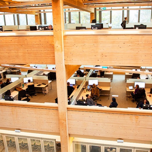 a view of the second and third floor work stations and collaborative spaces of the TRCA administrative office building at 5 shoreham drive