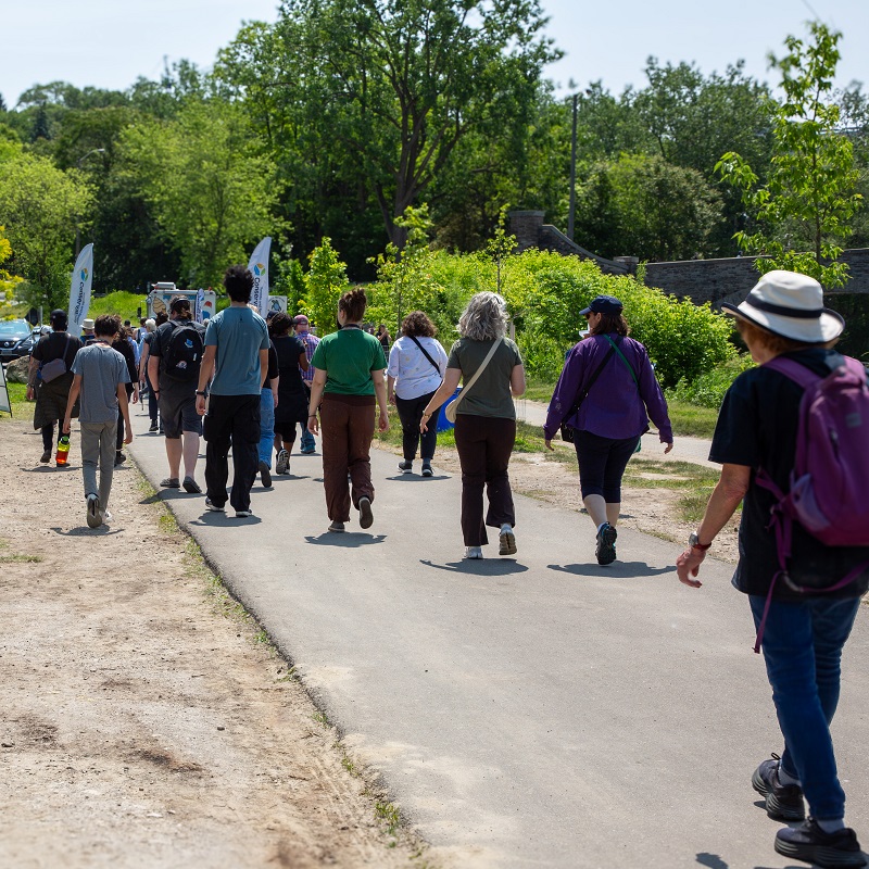 visitors to the TRCA Celebrate the Humber event walk along the pedestrian trail at Etienne Brule Park