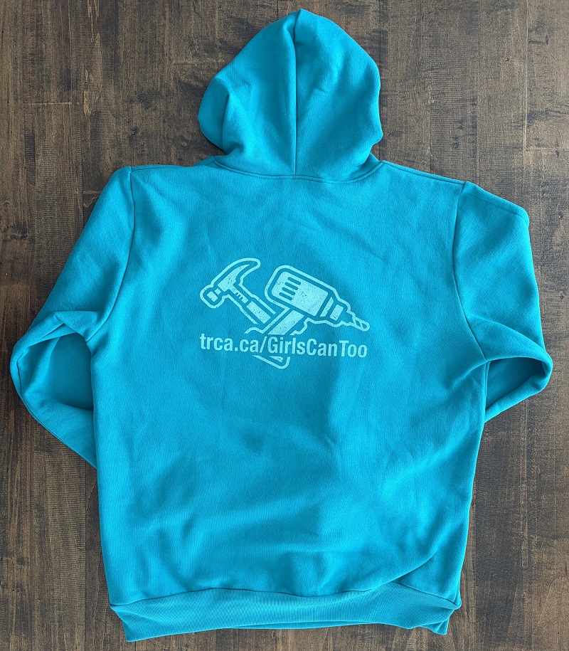 back view of the Girls Can Too sweatshirt