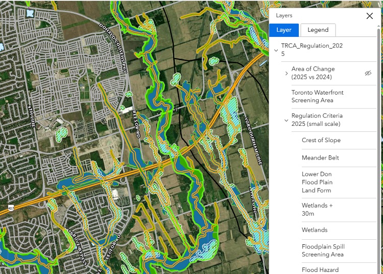 screenshot of the TRCA regulation mapping viewer displaying the layers tab