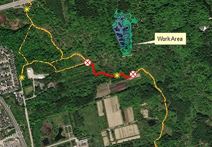 map of the planned Kortright Wetland and Stream Restoration trail closures
