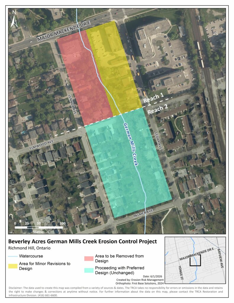 A map of the project area highlighting the area to be removed from the design, area to be redesigned, and area which will proceed with the proposed design (no change).