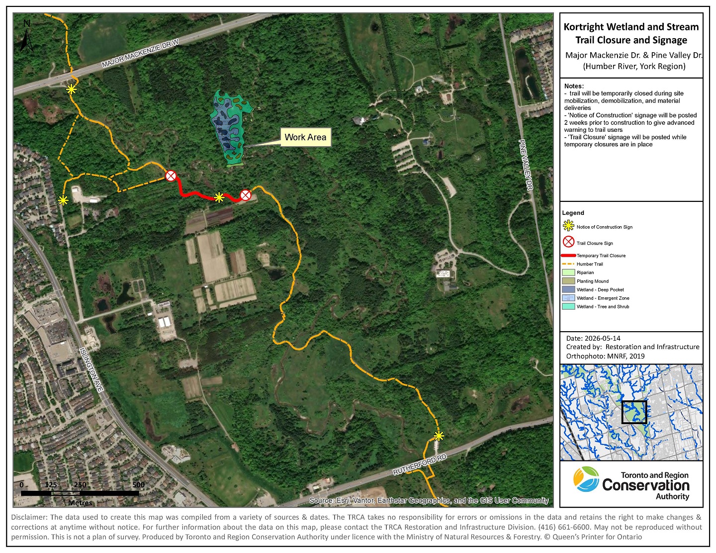 map of the planned Kortright Wetland and Stream Restoration trail closures