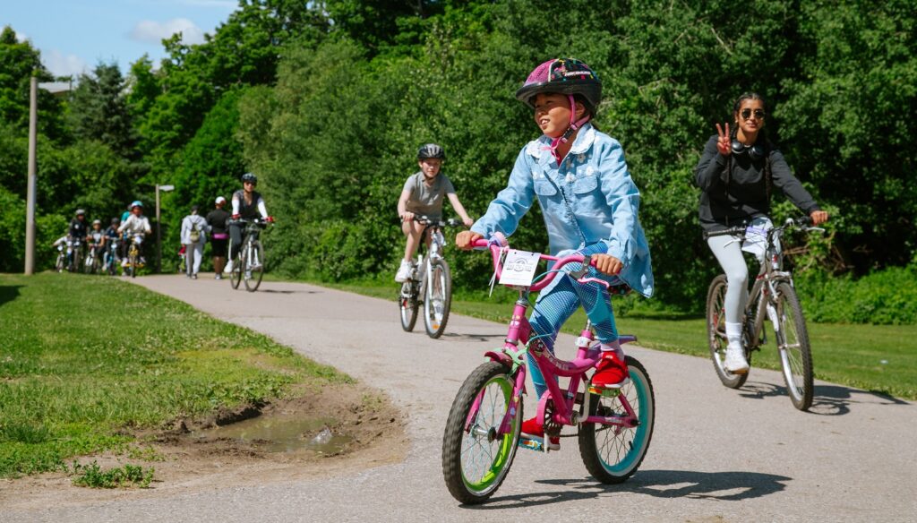 cyclists of all ages ride a trail in Caledon at the annual Bike the Creek event
