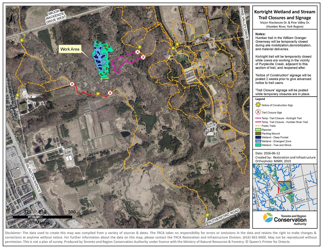 map of the planned Kortright Wetland and Stream Restoration trail closures