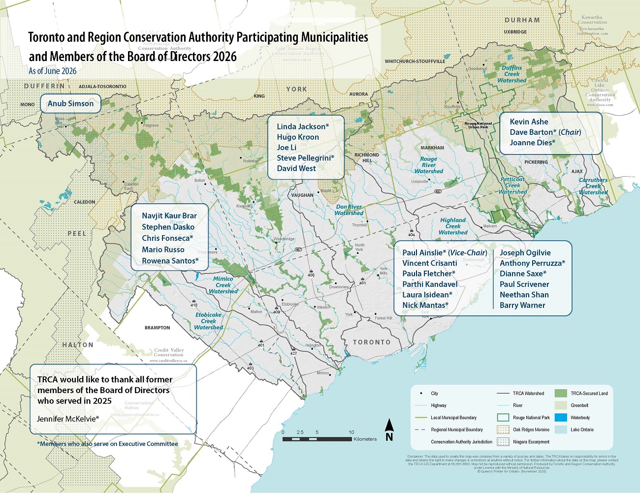 map of the TRCA jurisdiction displaying the names of the current Board of Directors members
