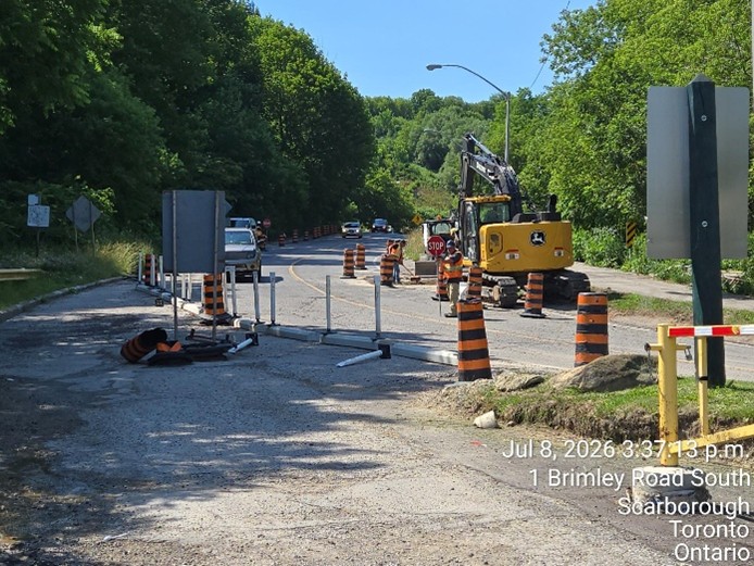 roadside works and traffic control measures at the Brimley Road South multi-use trail construction site