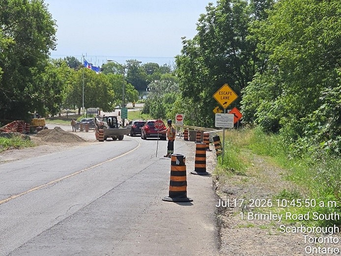 roadside works and traffic control measures at the Brimley Road South multi-use trail construction site