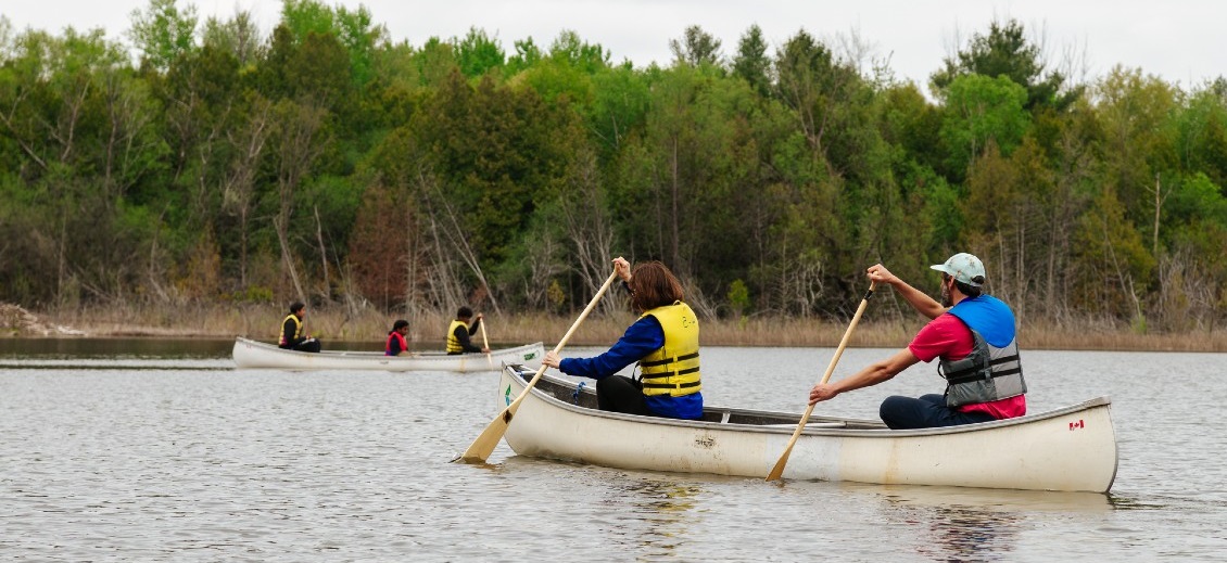 paddlers canoeing at Lake St George on autumn day