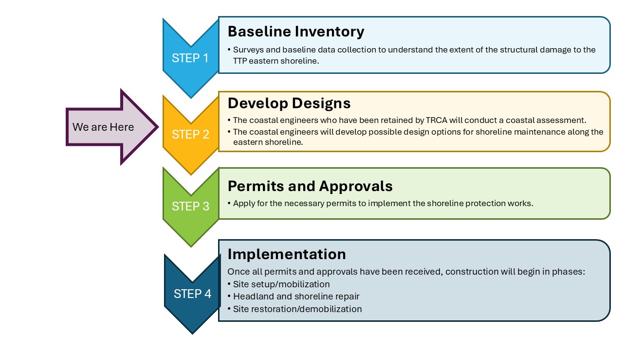 Timeline of the project. Step 1: Baseline Inventory Step 2: Develop Designs Step 3: Permits and Approvals Step 4: Implementation