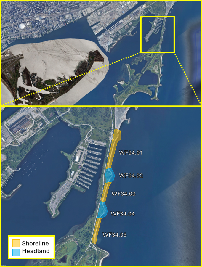 Map of Tommy Thompson Park with the focus areas highlighted along the eastern shoreline.