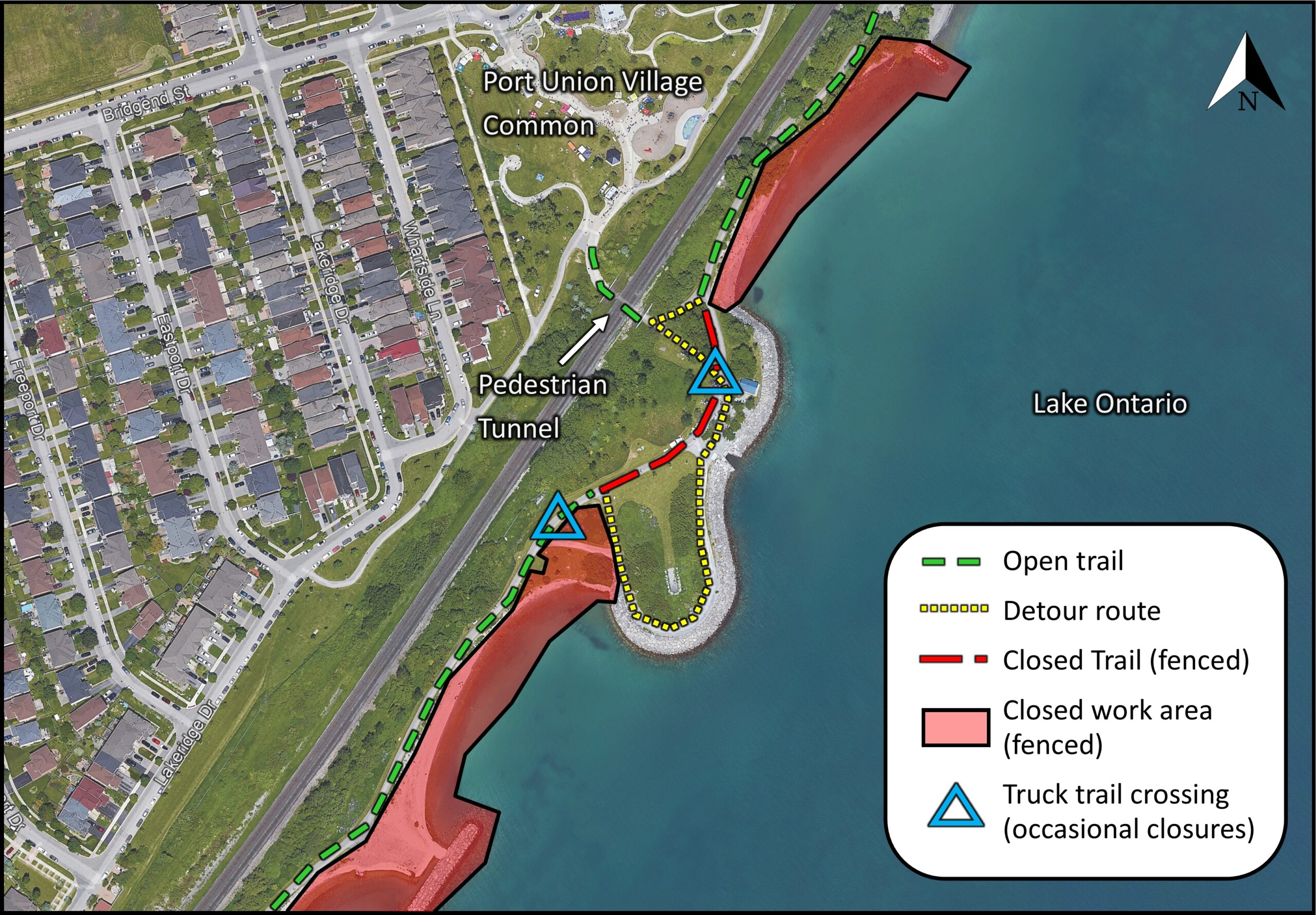 A map showing the site closures in red, the closed trail as a red long-dashed line, the detour as a yellow dotted line and the open trail as a green short dashed line. Two blue triangles indicate the truck crossing locations.